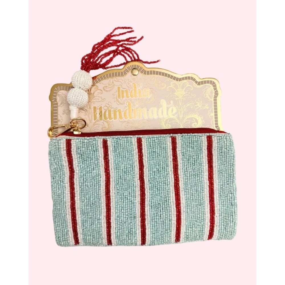 NEW India Handmade Beaded Striped Clutch Tassel Bag Blue Red White Medium Size